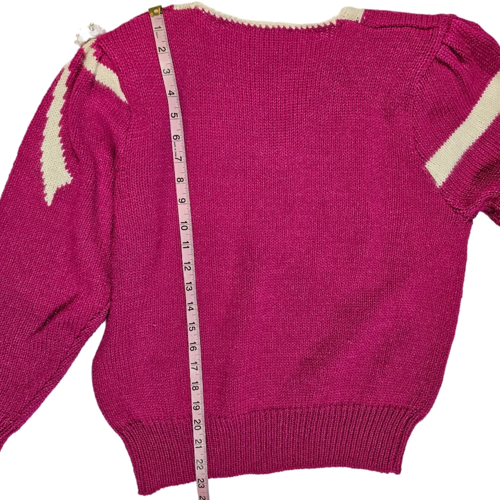 Vintage Jaclyn Smith Hot Pink White Bow Sweater Sz L Pearl Bead Granny Coquette - Picture 15 of 16